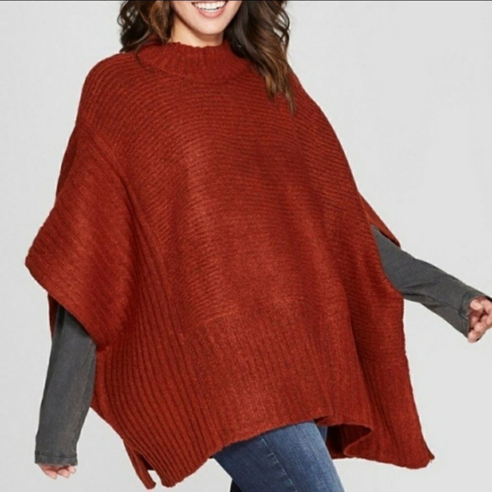 EUC Universal Threads Pumpkin Orange Ribbed Knit Wool Blend Poncho Sweat (OSFM)